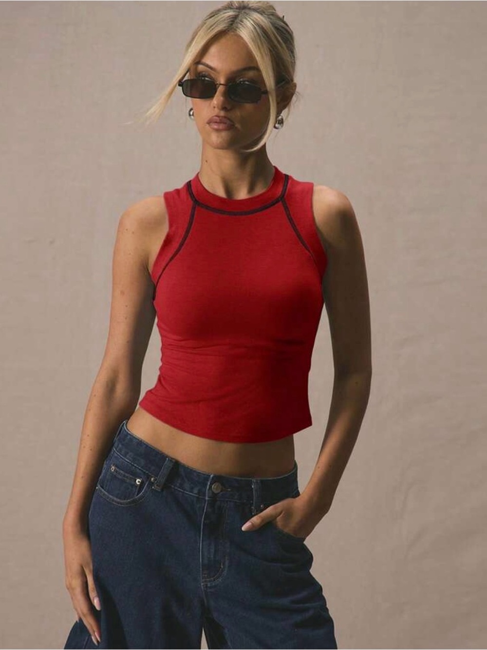 Sleeveless Red with Black Stiching Tank Top - Women's Slim Fit